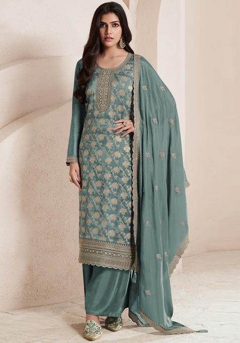 Green Embroidered Jacquard Sharara Set With Dupatta
