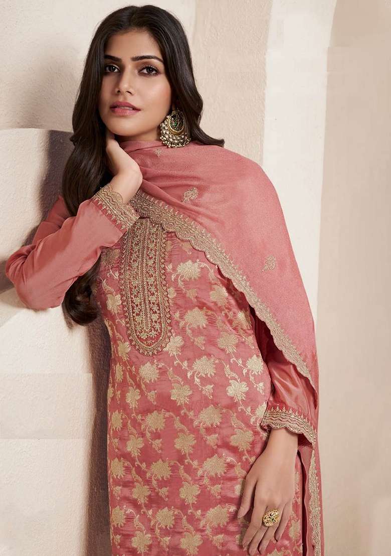 Orange Jacquard Jacquard Pakistani Suit Set - Indya