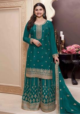 Green Embroidered Chiffon Sharara Set With Dupatta