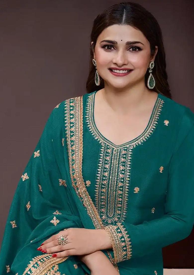 Green Embroidered Chiffon Sharara Set With Dupatta