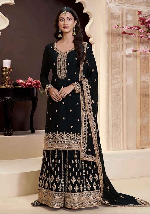 Black Embroidered Chiffon Sharara Set With Dupatta