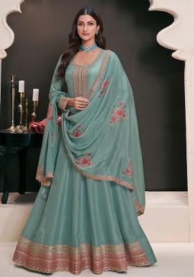 Sky Blue Embroidered Art Silk Anarkali Set With Dupatta