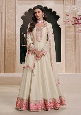 White Embroidered Art Silk Anarkali Set With Dupatta