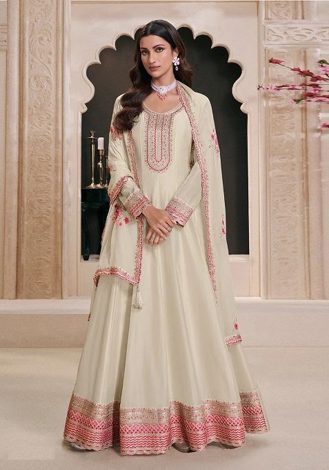 White Embroidered Art Silk Anarkali Set With Dupatta