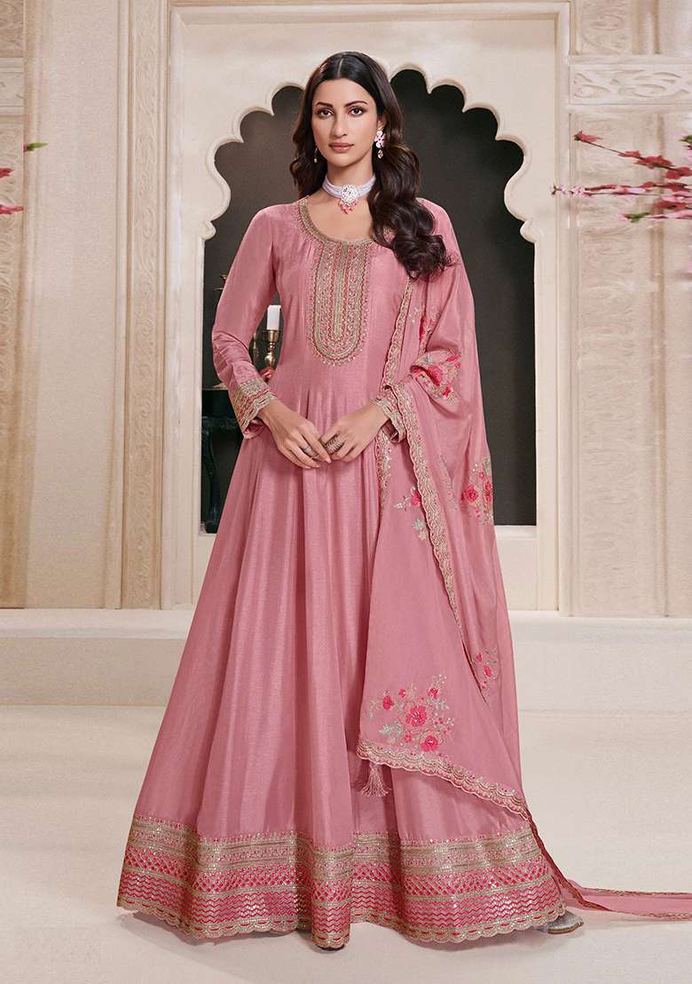 Pink Embroidered Art Silk Anarkali With Dupatta - Indya