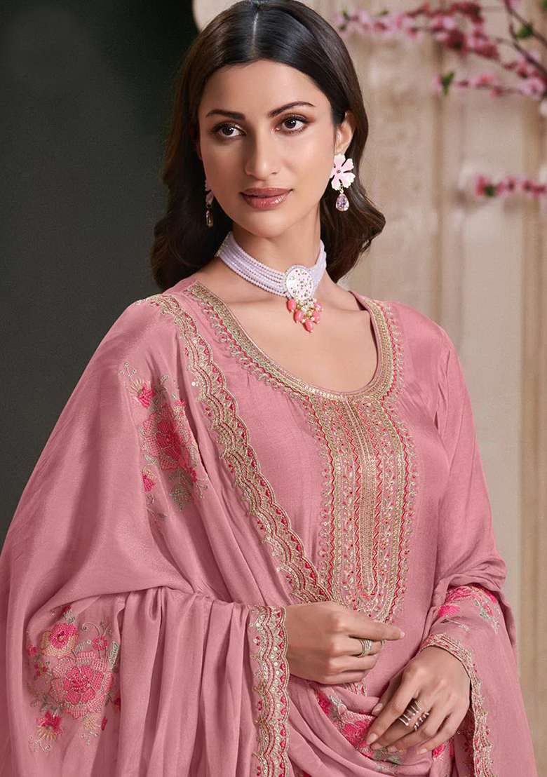 Pink Embroidered Art Silk Anarkali With Dupatta - Indya
