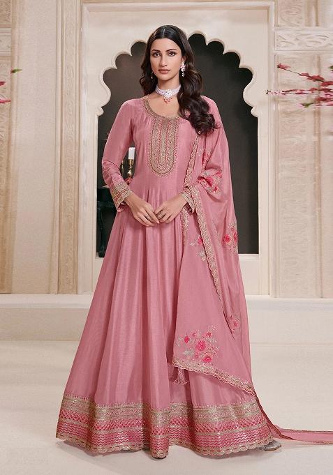 Pink Embroidered Art Silk Anarkali Set With Dupatta