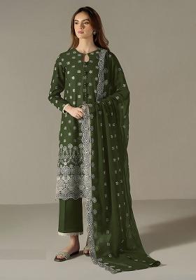 Dark Green Embroidered Faux Georgette Salwar Kameez With Dupatta