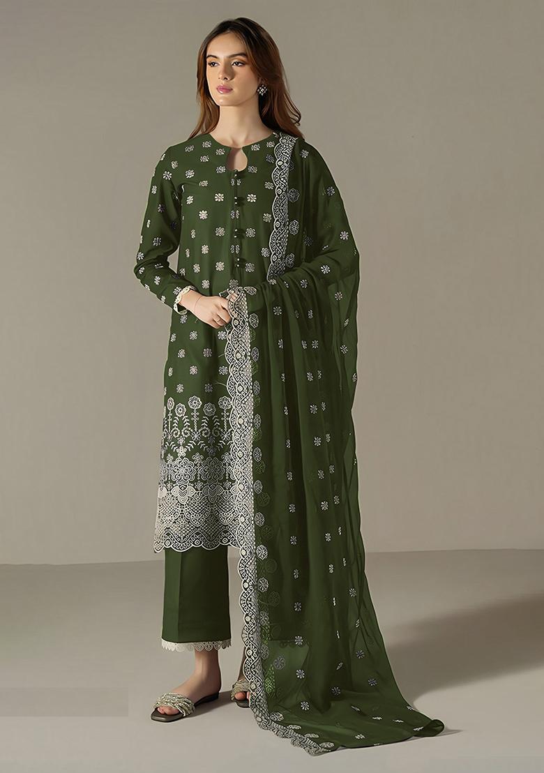 Dark Green Embroidered Faux Georgette Salwar Kameez With Dupatta