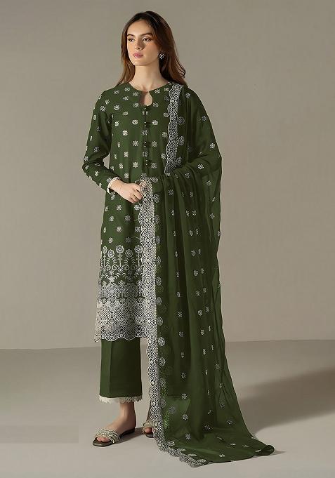 Dark Green Embroidered Faux Georgette Salwar Kameez With Dupatta