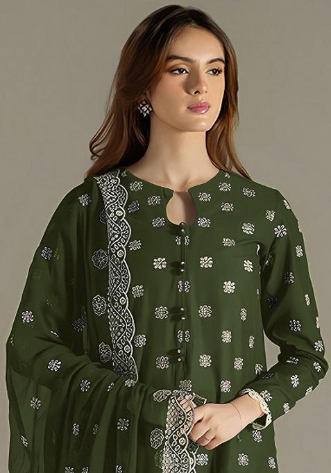 Dark Green Embroidered Faux Georgette Salwar Kameez With Dupatta