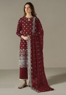 Red Embroidered Faux Georgette Salwar Kameez With Dupatta