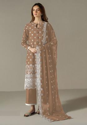 Brown Embroidered Faux Georgette Salwar Kameez With Dupatta