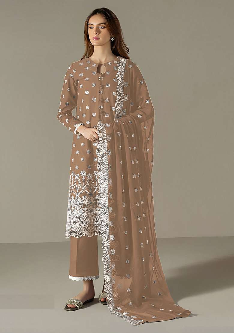 Brown Embroidered Faux Blooming Pakistani Suit Set - Indya