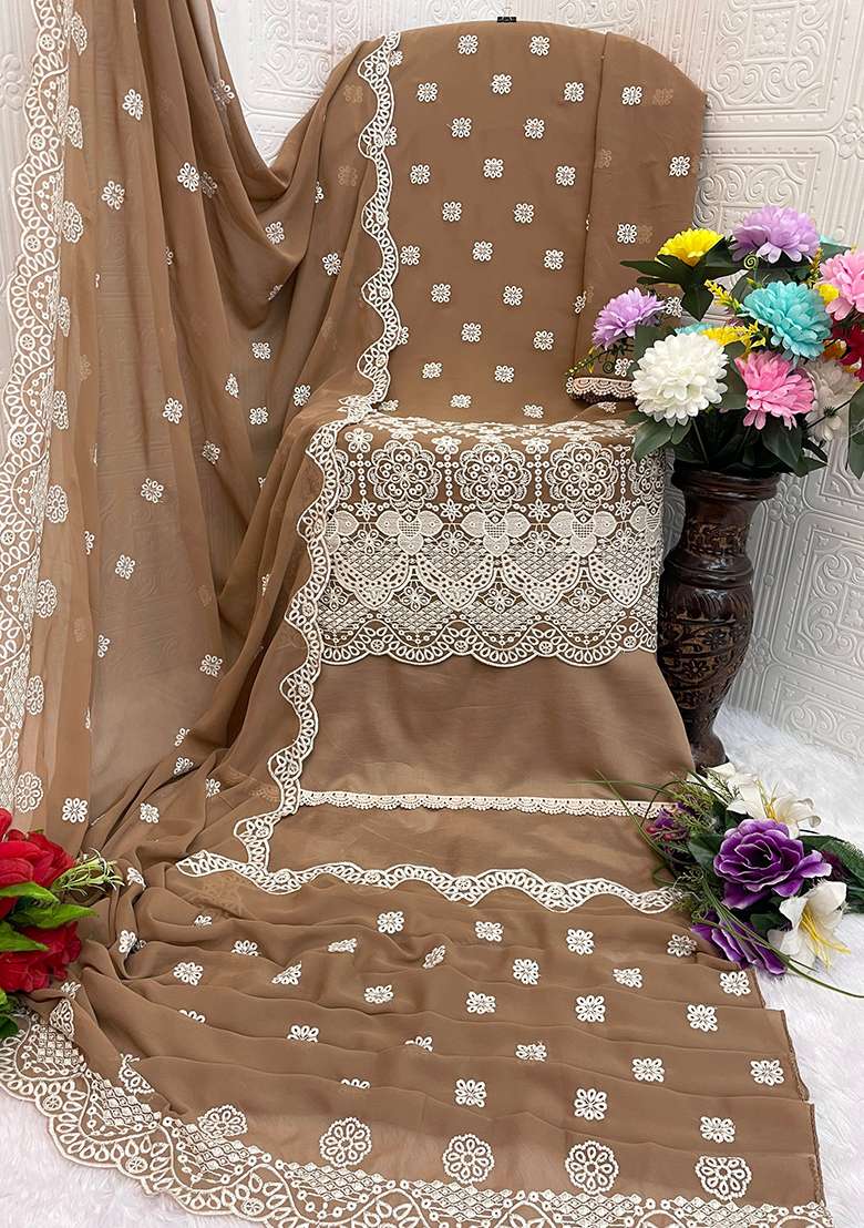 Brown Embroidered Faux Blooming Pakistani Suit Set - Indya