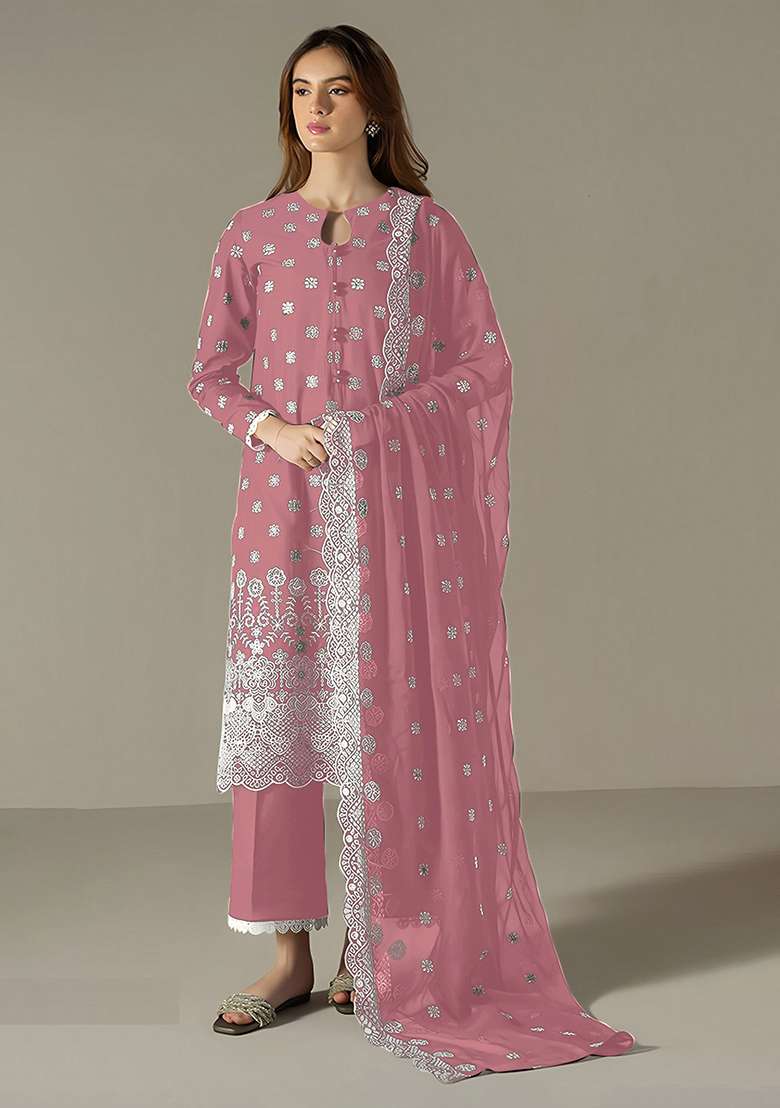 Pink Embroidered Faux Blooming Pakistani Suit Set - Indya