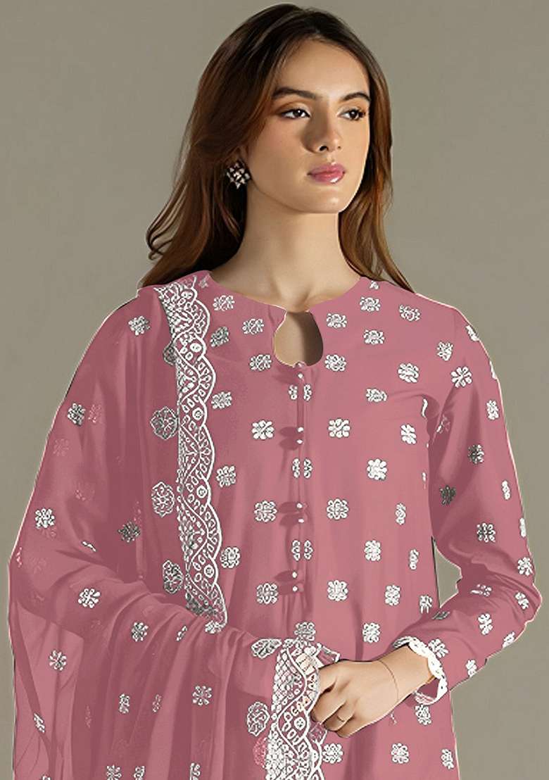 Pink Embroidered Faux Blooming Pakistani Suit Set - Indya