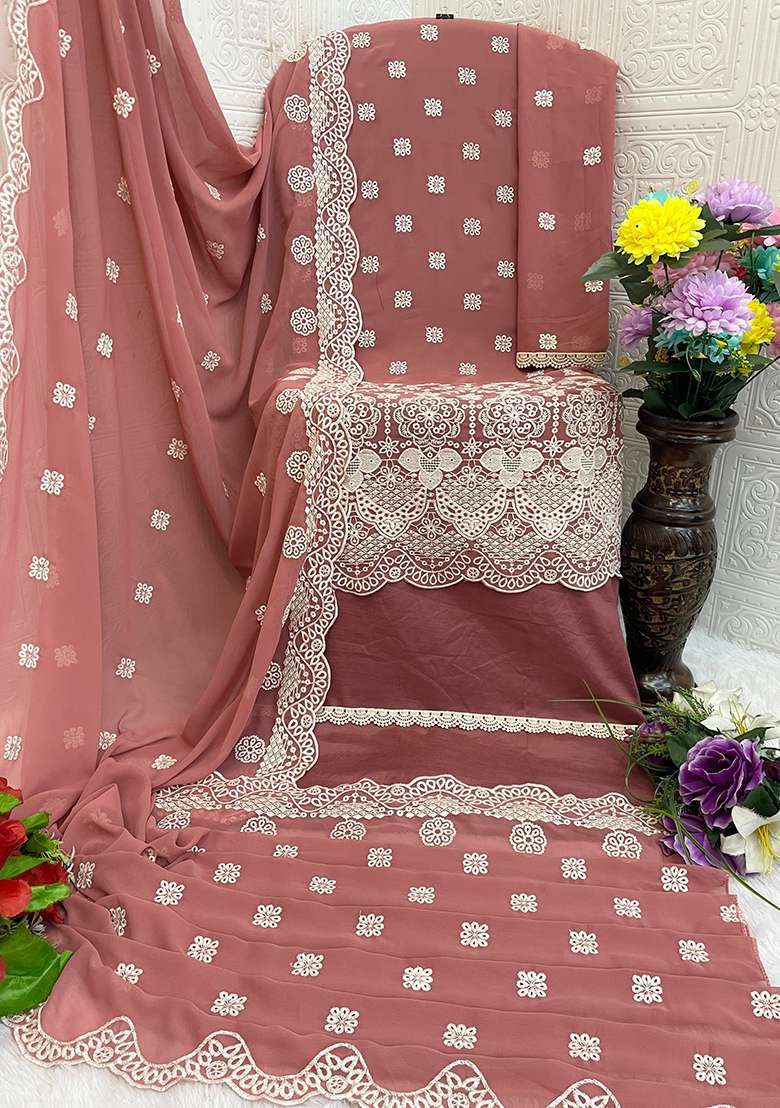Pink Embroidered Faux Blooming Pakistani Suit Set - Indya