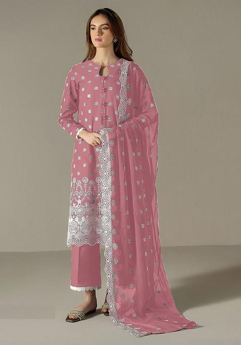 Pink Embroidered Faux Georgette Salwar Kameez With Dupatta