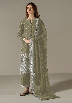 Green Embroidered Faux Georgette Salwar Kameez With Dupatta