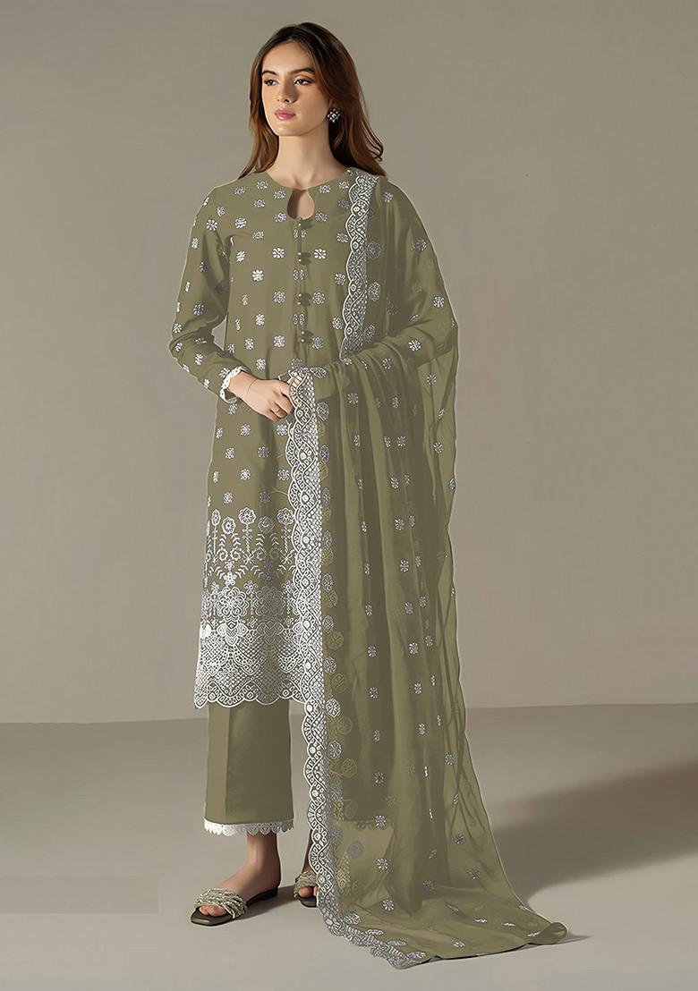 Green Embroidered Faux Georgette Salwar Kameez With Dupatta