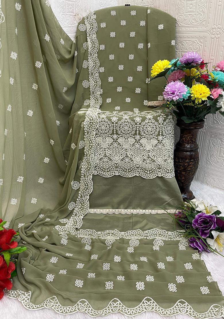 Green Embroidered Faux Georgette Salwar Kameez With Dupatta