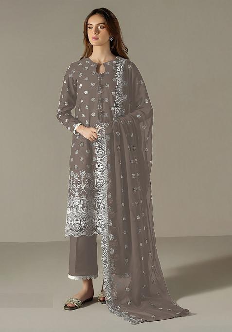 Grey Embroidered Faux Georgette Salwar Kameez With Dupatta