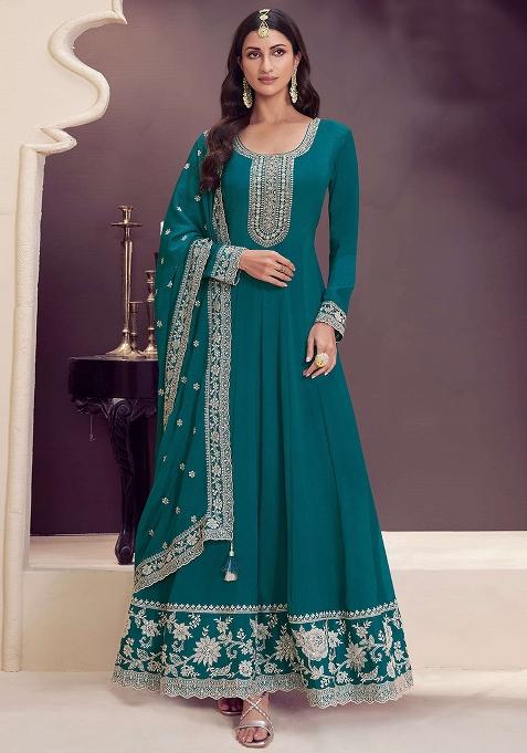 Green Embroidered Chiffon Anarkali Set With Dupatta