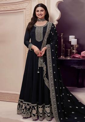 Black Embroidered Chiffon Anarkali Set With Dupatta