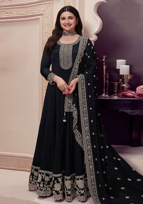 Black Embroidered Chiffon Anarkali Set With Dupatta