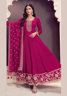 Pink Embroidered Chiffon Anarkali Set With Dupatta