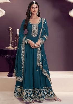 Aqua Blue Embroidered Chiffon Anarkali Set With Dupatta