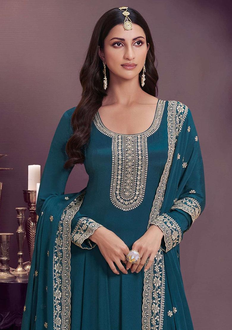 Aqua Blue Embroidered Chiffon Anarkali Set With Dupatta - Indya