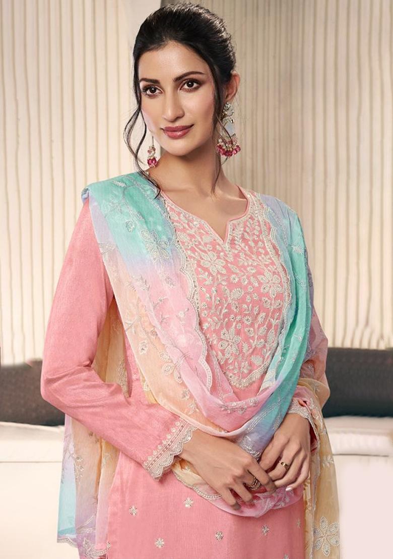 Peach Embroidered Art Silk Salwar Kameez With Dupatta