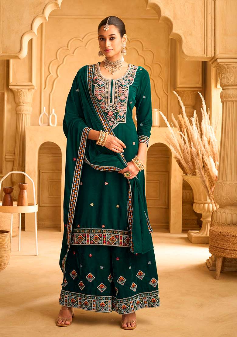 Green Embroidered Velvet Sharara Set - Indya