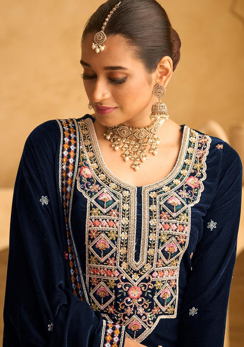 Blue Embroidered Velvet Palazzo Set With Dupatta