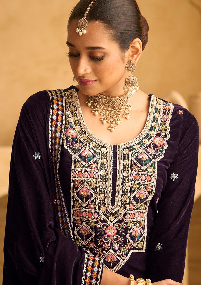 Purple Embroidered Velvet Palazzo Set With Dupatta