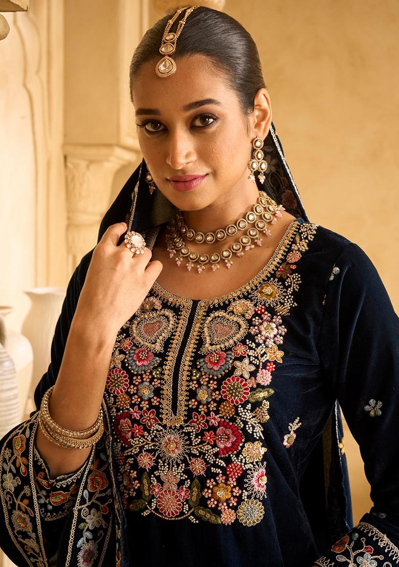 Blue Embroidered Velvet Palazzo Set With Dupatta