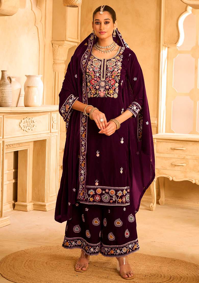 Purple Embroidered Velvet Sharara Set - Indya