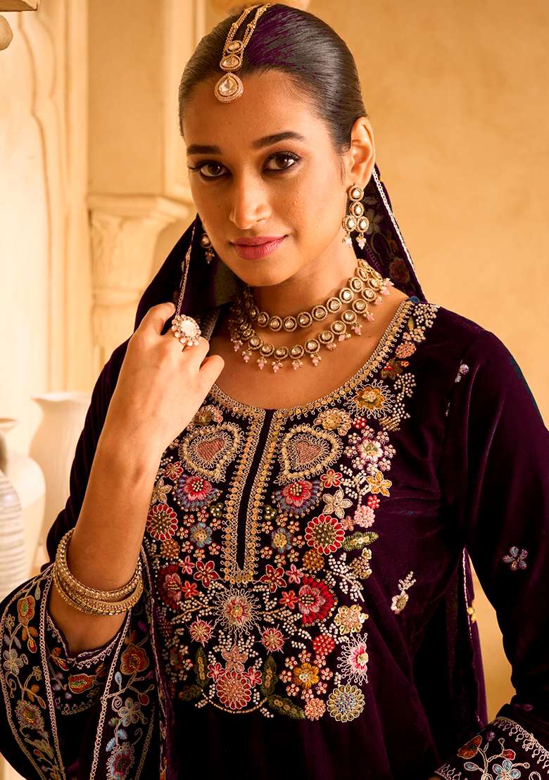 Purple Embroidered Velvet Sharara Set - Indya