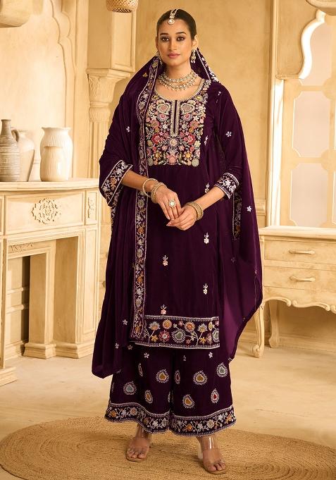 Purple Embroidered Velvet Palazzo Set With Dupatta