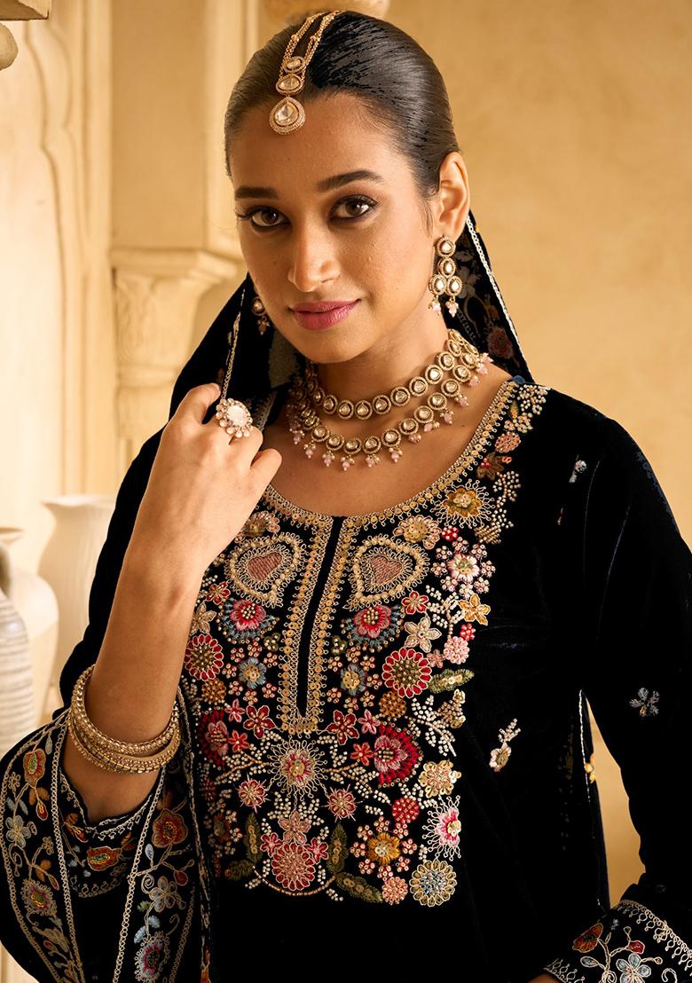Black Embroidered Velvet Palazzo Set With Dupatta