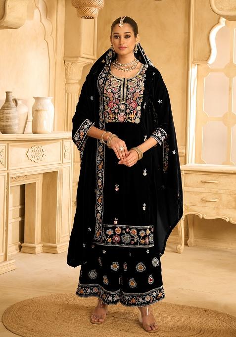 Black Embroidered Velvet Palazzo Set With Dupatta