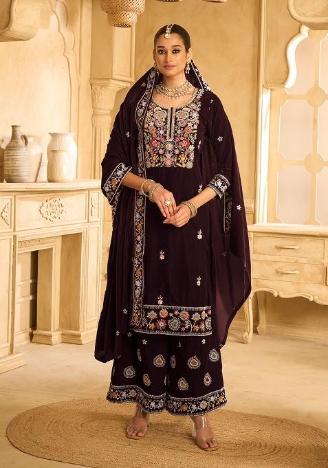 Wine Embroidered Velvet Palazzo Set With Dupatta