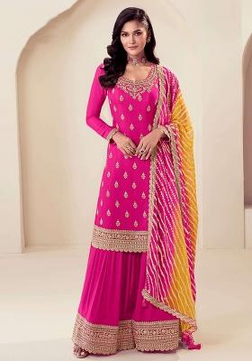 Pink Embroidered Chiffon Palazzo Set With Dupatta
