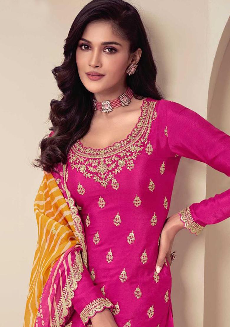 Pink Embroidered Chiffon Palazzo Set With Dupatta