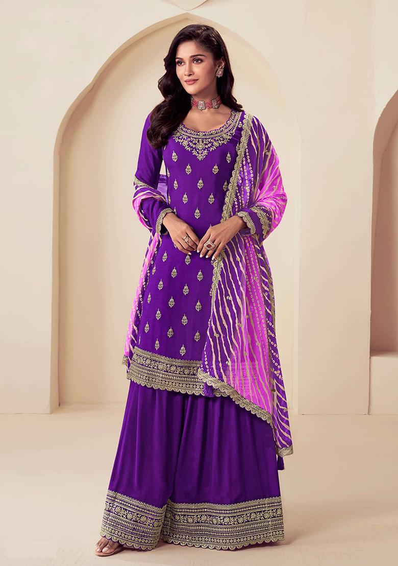 Purple Embroidered Chiffon Palazzo Set With Dupatta