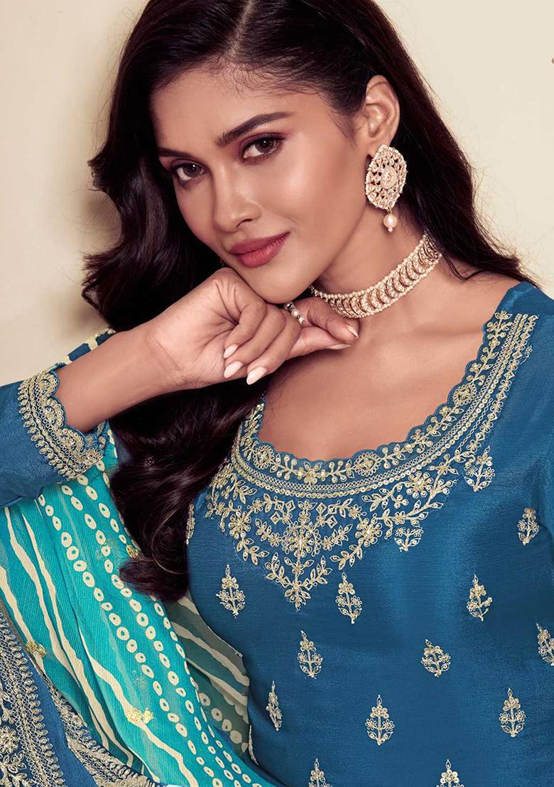 Blue Embroidered Chiffon Palazzo Set With Dupatta