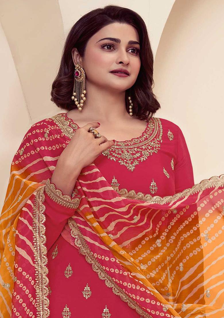 Red Embroidered Chiffon Palazzo Set With Dupatta