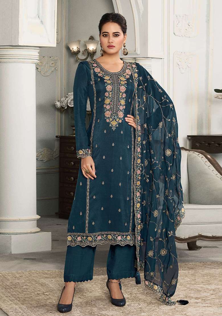 Blue Embroidered Silk Pakistani Suit Set - Indya